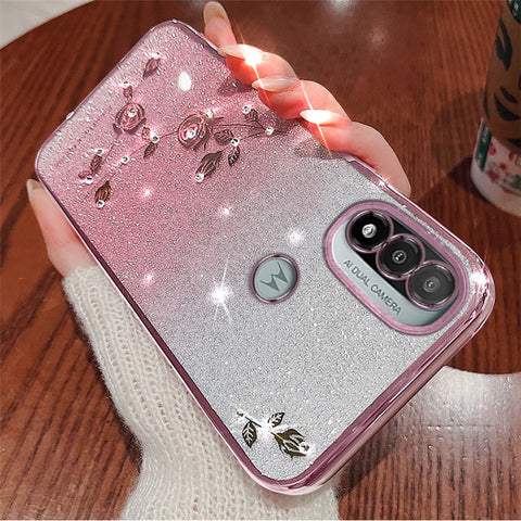 KADEM For Motorola Moto E20 Case Rhinestone Flower Phone Back Cover with Strap