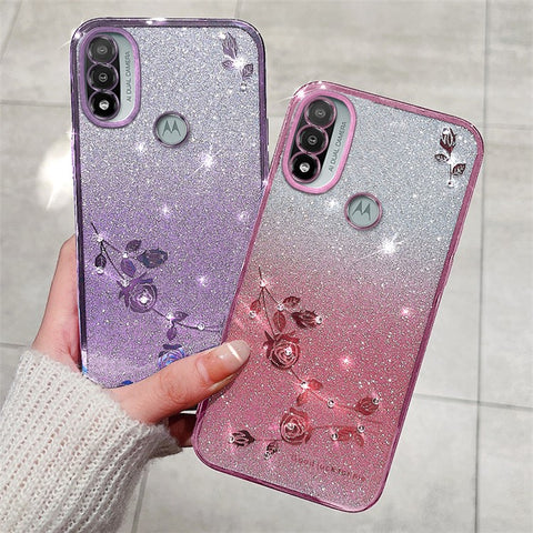 KADEM For Motorola Moto E20 Case Rhinestone Flower Phone Back Cover with Strap