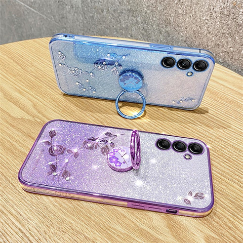 KADEM For Samsung Galaxy M54 5G / F54 5G Flowers Cover Ring Kickstand Glitter Rhinestone TPU Phone Case