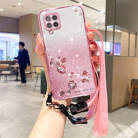 KADEM For Samsung Galaxy M32 (Global Version) 4G / M22 Case Shiny TPU Phone Cover with Strap