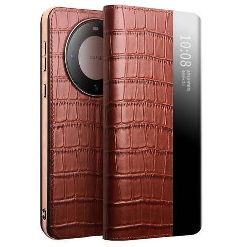 QIALINO For Huawei Mate 60 Case View Window Genuine Cow Leather Shockproof Phone Protector
