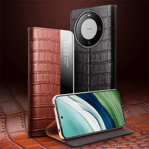 QIALINO For Huawei Mate 60 Case View Window Genuine Cow Leather Shockproof Phone Protector
