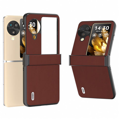 ABEEL For Oppo Find N3 Flip 5G Case Genuine Cow Leather Coated PC Hinge Protection Phone Cover