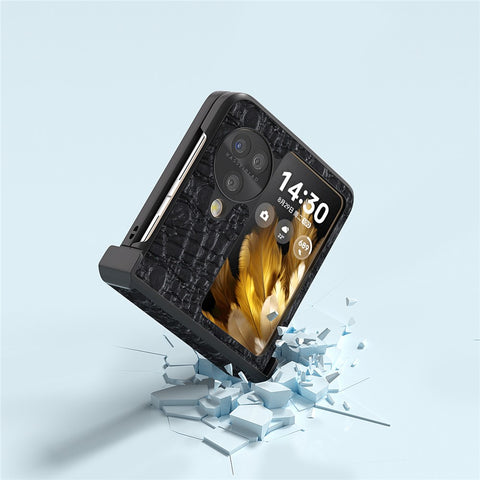 ABEEL For Oppo Find N3 Flip 5G Case Genuine Cow Leather Coated PC Cover with Hinge Protection