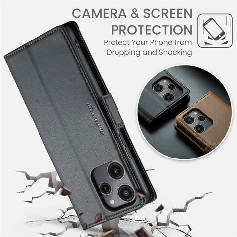 For Xiaomi Redmi 12 4G / 12 5G (Global) / Note 12R 5G / Poco M6 Pro 5G Leather Case CASEME 023 RFID Blocking 3 Card Slot Mobile Cover