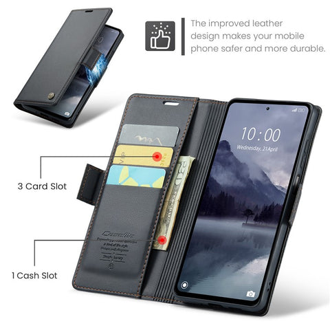 For Xiaomi Redmi 12 4G / 12 5G (Global) / Note 12R 5G / Poco M6 Pro 5G Leather Case CASEME 023 RFID Blocking 3 Card Slot Mobile Cover