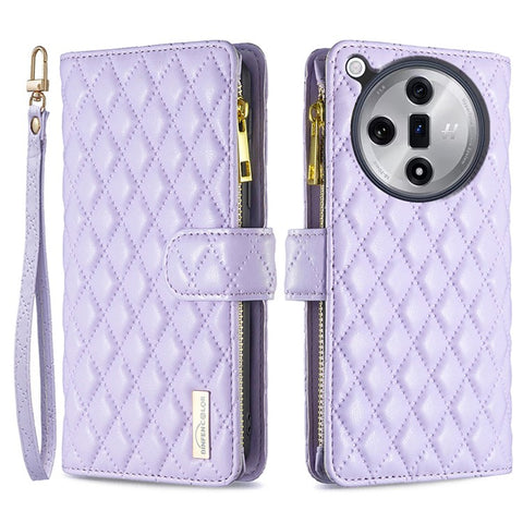 BINFEN COLOR BF Style-15 For Oppo Find X7 Ultra Case Rhombus Imprinted Zipper Pocket Phone Cover