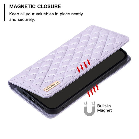 BINFEN COLOR BF Style-16 For Oppo A59 5G Phone Case with Card Holder Rhombus Grid Cover