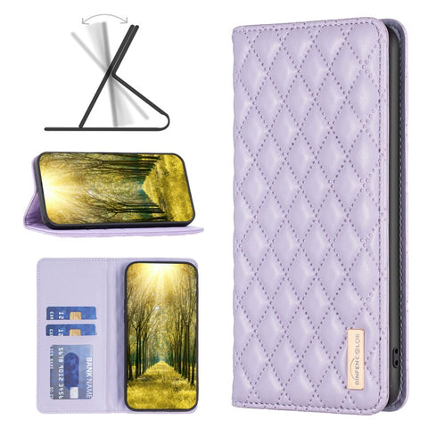 BINFEN COLOR BF Style-16 For Oppo A59 5G Phone Case with Card Holder Rhombus Grid Cover