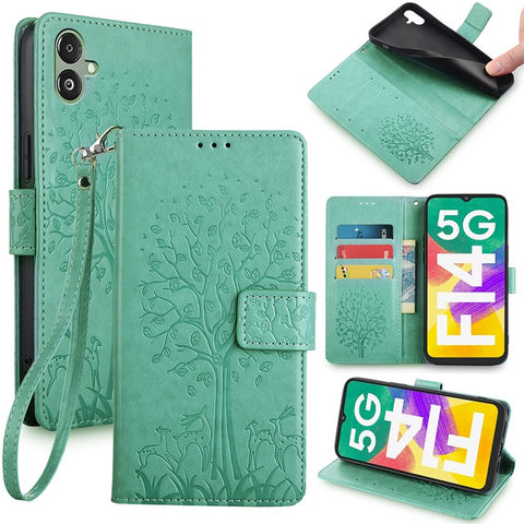 For Samsung Galaxy F14 5G Case Imprinted Deer Tree Pattern Protective Cover with Wrist Strap