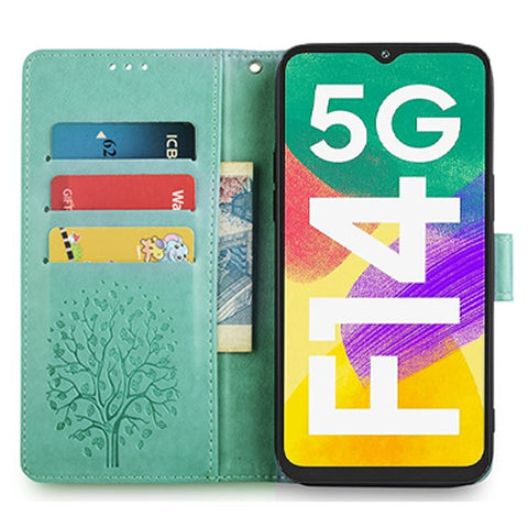 For Samsung Galaxy F14 5G Case Imprinted Deer Tree Pattern Protective Cover with Wrist Strap