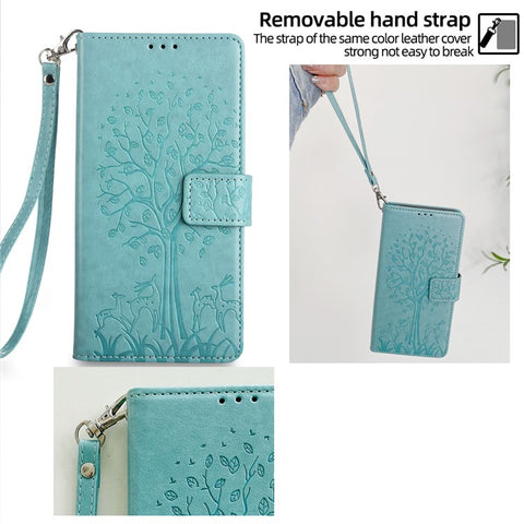 For Samsung Galaxy F14 5G Case Imprinted Deer Tree Pattern Protective Cover with Wrist Strap