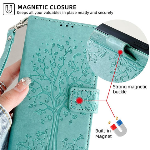 For Samsung Galaxy F14 5G Case Imprinted Deer Tree Pattern Protective Cover with Wrist Strap