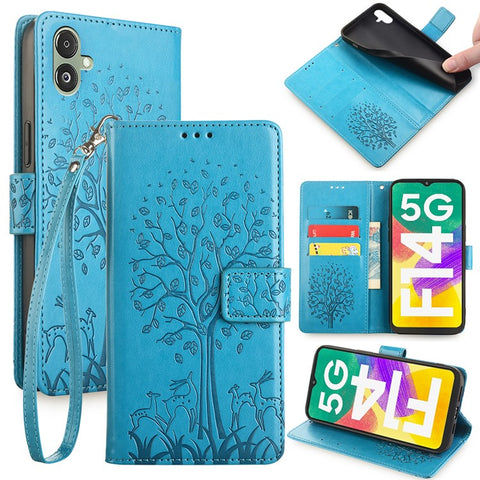 For Samsung Galaxy F14 5G Case Imprinted Deer Tree Pattern Protective Cover with Wrist Strap