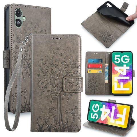For Samsung Galaxy F14 5G Case Imprinted Deer Tree Pattern Protective Cover with Wrist Strap