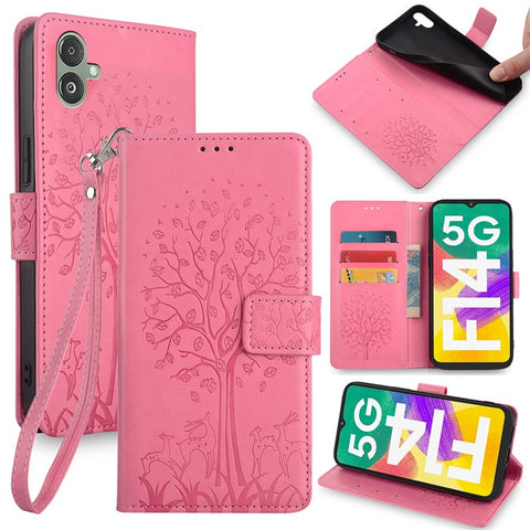 For Samsung Galaxy F14 5G Case Imprinted Deer Tree Pattern Protective Cover with Wrist Strap