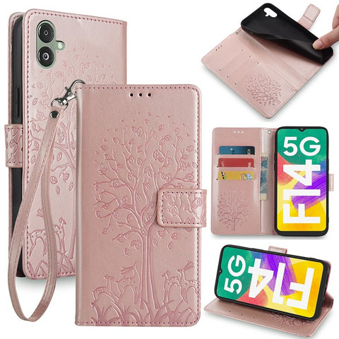 For Samsung Galaxy F14 5G Case Imprinted Deer Tree Pattern Protective Cover with Wrist Strap