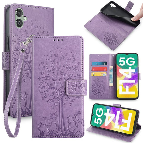 For Samsung Galaxy F14 5G Case Imprinted Deer Tree Pattern Protective Cover with Wrist Strap