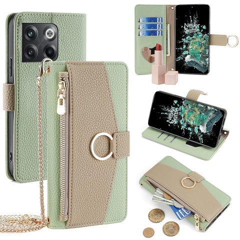 For OnePlus 10T 5G Case Zipper Wallet Mirror Leather Phone Bag Cover with Chain Strap