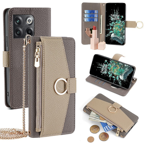 For OnePlus 10T 5G Case Zipper Wallet Mirror Leather Phone Bag Cover with Chain Strap