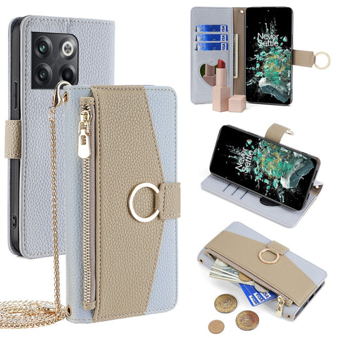 For OnePlus 10T 5G Case Zipper Wallet Mirror Leather Phone Bag Cover with Chain Strap