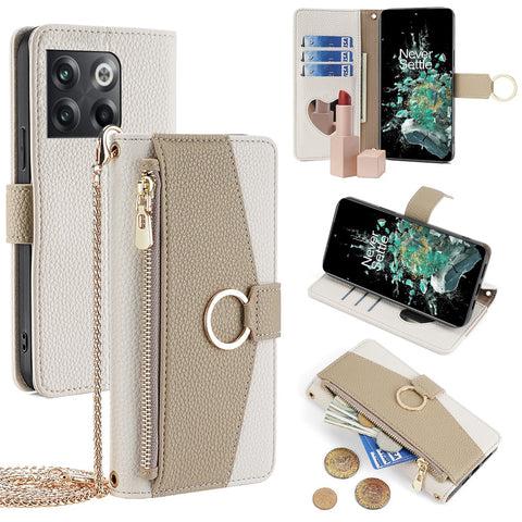 For OnePlus 10T 5G Case Zipper Wallet Mirror Leather Phone Bag Cover with Chain Strap