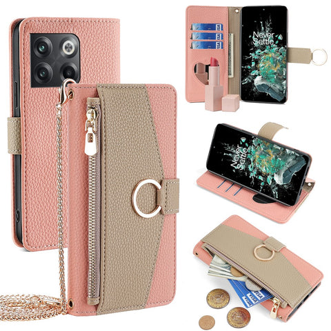 For OnePlus 10T 5G Case Zipper Wallet Mirror Leather Phone Bag Cover with Chain Strap