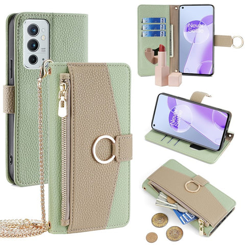 For OnePlus 9RT 5G Case Leather Phone Bag Cover Stand Card Holder with Chain Strap