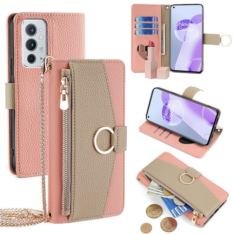 For OnePlus 9RT 5G Case Leather Phone Bag Cover Stand Card Holder with Chain Strap