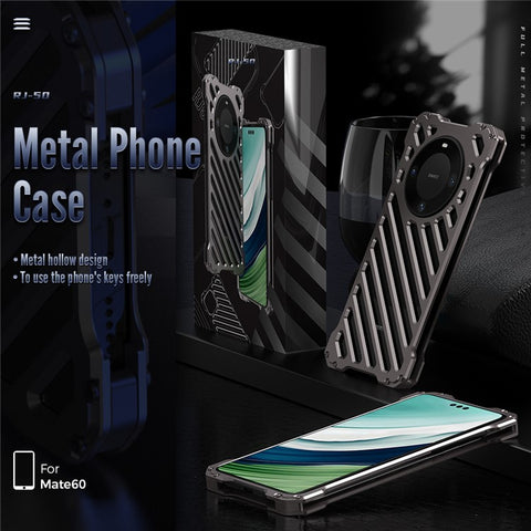 R-JUST RJ-50 For Huawei Mate 60 Pro Case Aluminum Alloy Hollow Phone Back Cover with Lens Protector