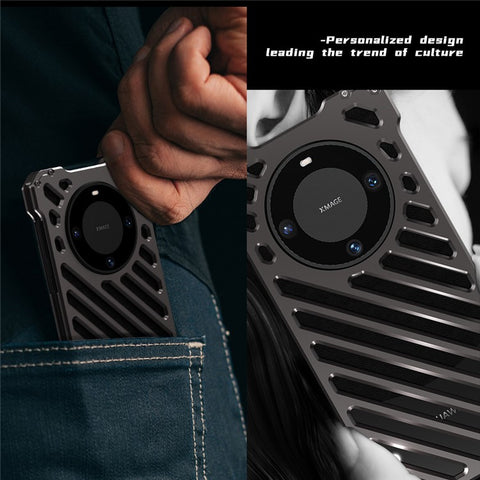 R-JUST RJ-50 For Huawei Mate 60 Pro Case Aluminum Alloy Hollow Phone Back Cover with Lens Protector