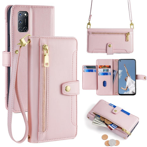 For OPPO A52 / A72 / A92 4G Case Zipper Pocket Leather Flip Stand Phone Cover with Straps