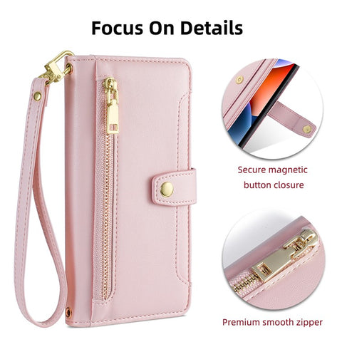 For OPPO A52 / A72 / A92 4G Case Zipper Pocket Leather Flip Stand Phone Cover with Straps