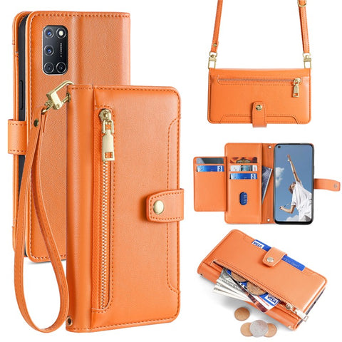 For OPPO A52 / A72 / A92 4G Case Zipper Pocket Leather Flip Stand Phone Cover with Straps