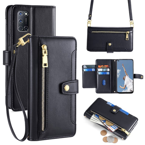 For OPPO A52 / A72 / A92 4G Case Zipper Pocket Leather Flip Stand Phone Cover with Straps