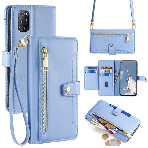 For OPPO A52 / A72 / A92 4G Case Zipper Pocket Leather Flip Stand Phone Cover with Straps