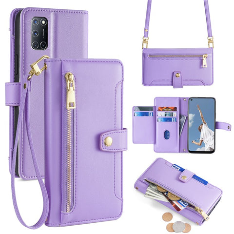 For OPPO A52 / A72 / A92 4G Case Zipper Pocket Leather Flip Stand Phone Cover with Straps