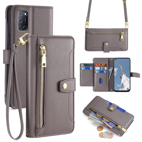 For OPPO A52 / A72 / A92 4G Case Zipper Pocket Leather Flip Stand Phone Cover with Straps