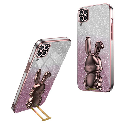 For Samsung Galaxy A12 / M12 / F12 Pull-out Kickstand Case Cartoon Rabbit Electroplated Phone Cover