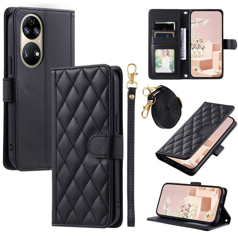 For Huawei P50 4G Case with Shoulder Strap Stand PU Leather Wallet Phone Cover
