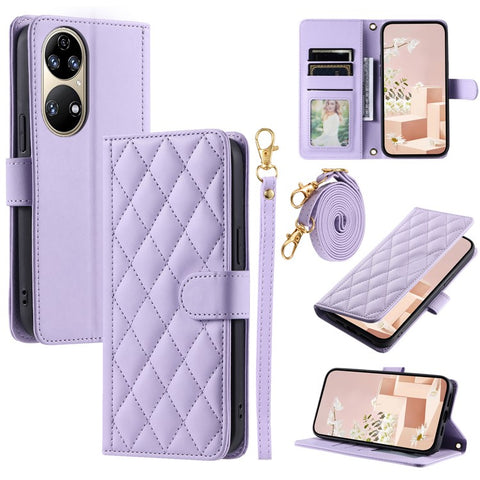 For Huawei P50 4G Case with Shoulder Strap Stand PU Leather Wallet Phone Cover