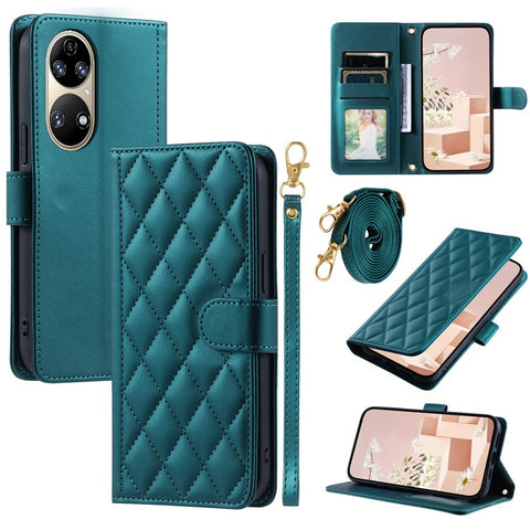 For Huawei P50 4G Case with Shoulder Strap Stand PU Leather Wallet Phone Cover