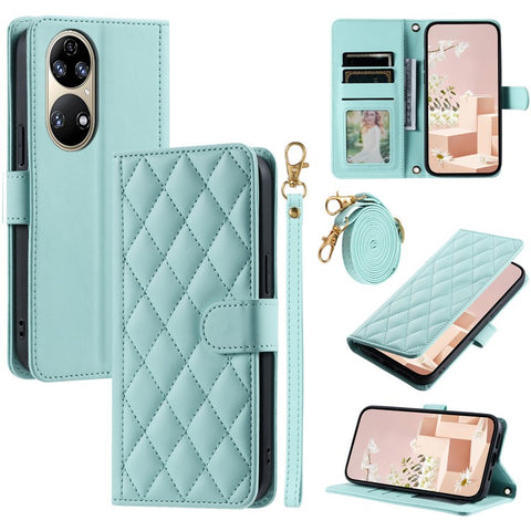 For Huawei P50 4G Case with Shoulder Strap Stand PU Leather Wallet Phone Cover