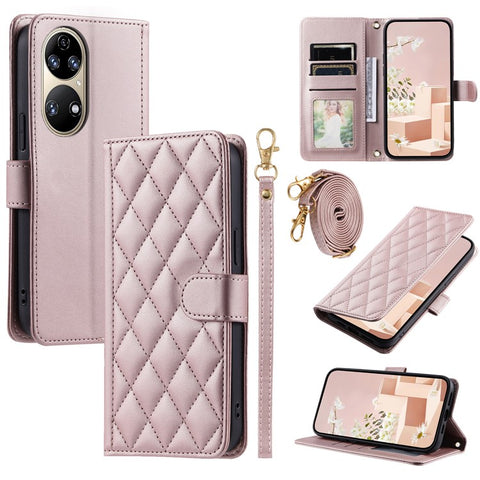 For Huawei P50 4G Case with Shoulder Strap Stand PU Leather Wallet Phone Cover