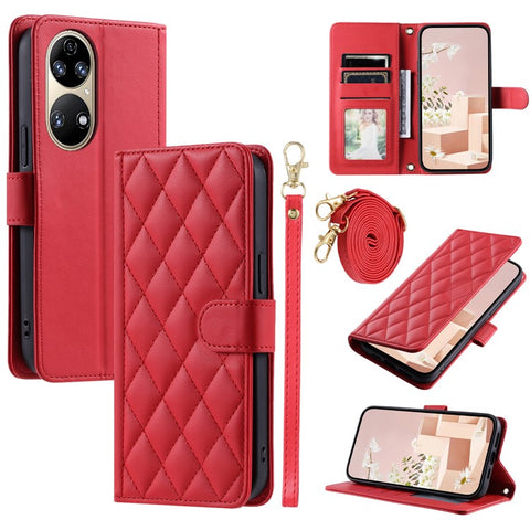 For Huawei P50 4G Case with Shoulder Strap Stand PU Leather Wallet Phone Cover