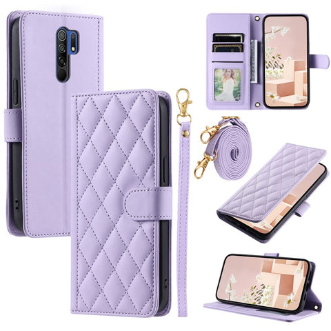 For Xiaomi Poco M2 / Redmi 9 / 9 Prime (India) Case Rhombus Grid Leather Wallet Phone Cover with 2 Straps