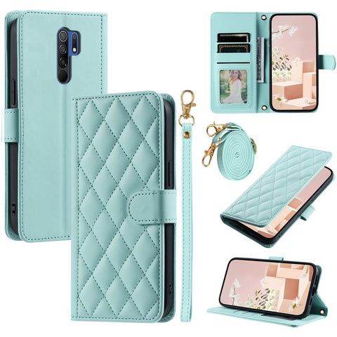 For Xiaomi Poco M2 / Redmi 9 / 9 Prime (India) Case Rhombus Grid Leather Wallet Phone Cover with 2 Straps