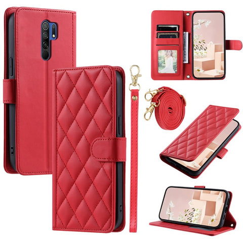 For Xiaomi Poco M2 / Redmi 9 / 9 Prime (India) Case Rhombus Grid Leather Wallet Phone Cover with 2 Straps