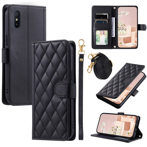 For Xiaomi Redmi 9A / 9AT / 9i Phone Case Rhombus Grid Leather Wallet Stand Cover with 2 Straps