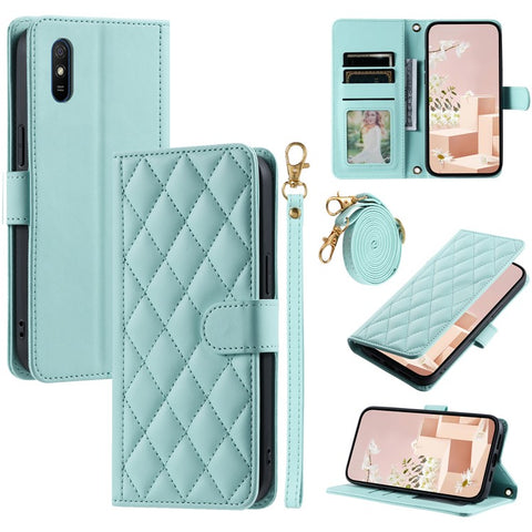 For Xiaomi Redmi 9A / 9AT / 9i Phone Case Rhombus Grid Leather Wallet Stand Cover with 2 Straps
